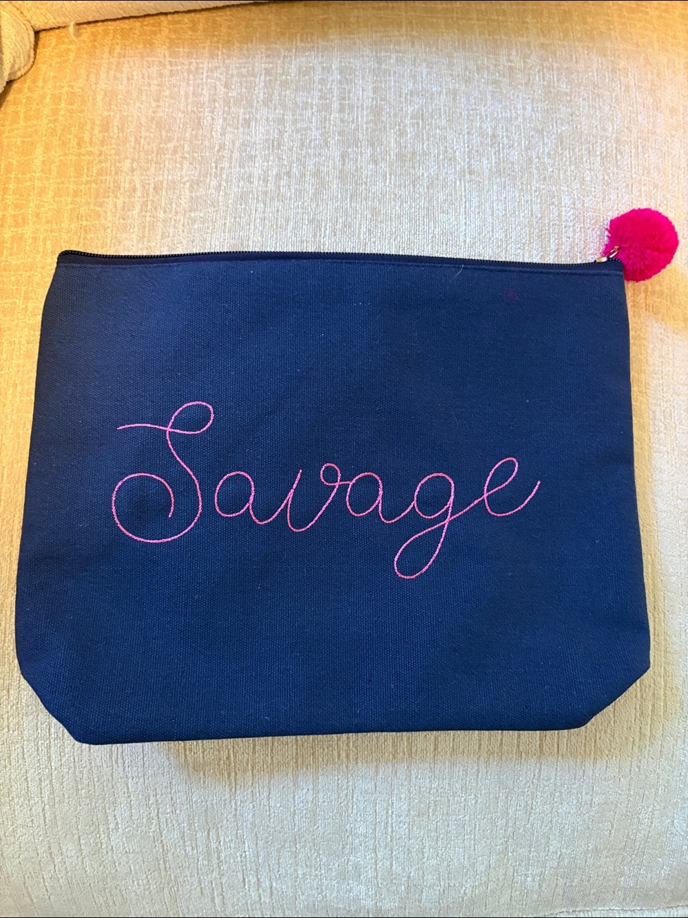 Source Unknown Navy Cosmetic Pouch with Pink Embroidery and Pom - Picture 4 of 4